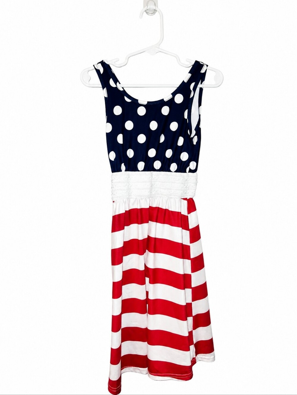 Toddler Girls Patriotic Red White Blue Polka Dot & Stripe Sleeveless Dress | 4th - Picture 2 of 3